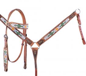 Showman Cactus and Navajo Print Beaded headstall and breast collar set