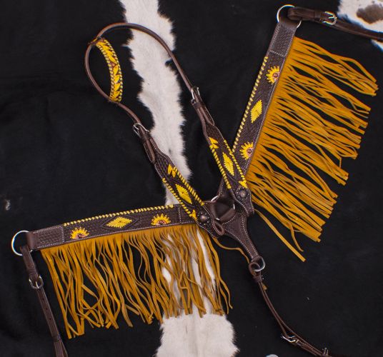 Showman Dark Oil, Hand Painted Sunflower Single Ear Headstall and Breast collar Set with Fringe #2