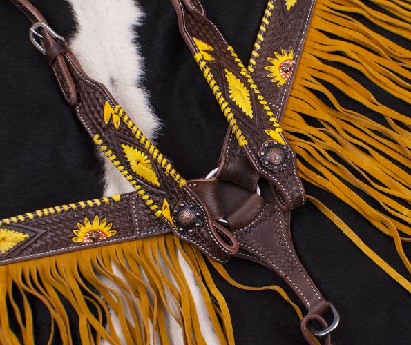 Showman Dark Oil, Hand Painted Sunflower Single Ear Headstall and Breast collar Set with Fringe #3