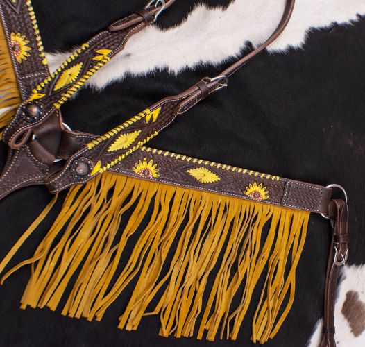 Showman Dark Oil, Hand Painted Sunflower Single Ear Headstall and Breast collar Set with Fringe #4