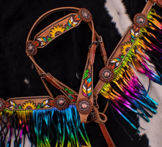 Showman Hand Painted Feather, Sunflower and Cactus Brow band Headstall and Breast collar Set with Metallic Rainbow Fringe #2