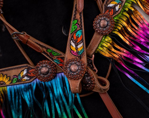 Showman Hand Painted Feather, Sunflower and Cactus Brow band Headstall and Breast collar Set with Metallic Rainbow Fringe #3