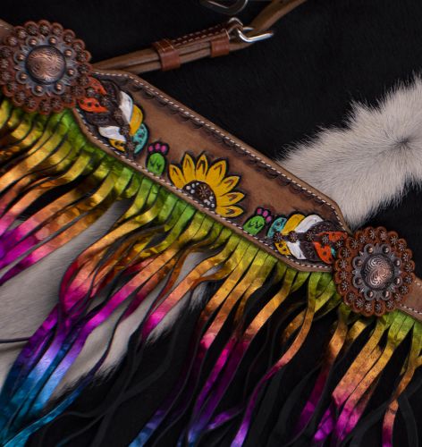 Showman Hand Painted Feather, Sunflower and Cactus Brow band Headstall and Breast collar Set with Metallic Rainbow Fringe #4