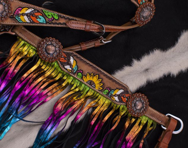 Showman Hand Painted Feather, Sunflower and Cactus Brow band Headstall and Breast collar Set with Metallic Rainbow Fringe #5