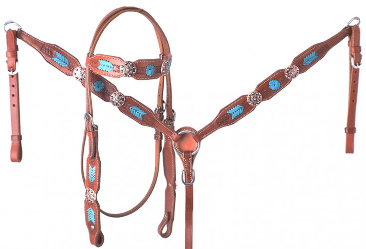 Showman Headstall and breast collar set with turquoise rawhide accents