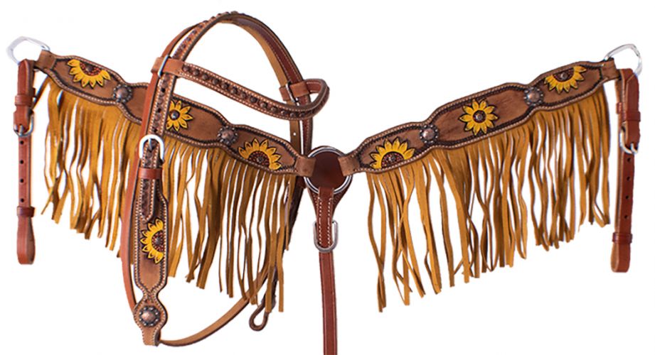 Showman PONY Hand painted sunflower headstall and breast collar set with fringe