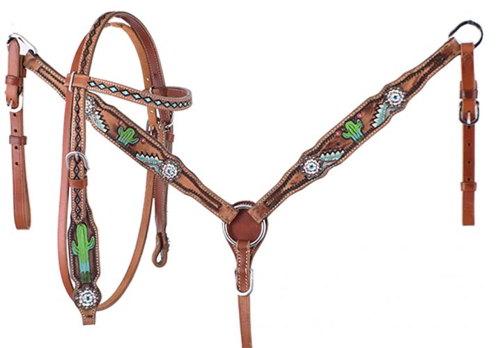 Showman PONY Hand painted cactus headstall and breast collar set with turquoise conchos