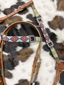 Showman Beaded Browband Bridle &amp; Breast Collar set, this medium oil set features teal, coral and white beads in a diamond design pattern #2