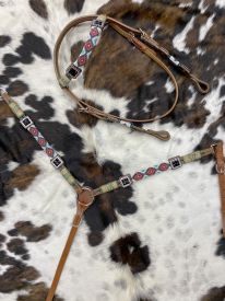 Showman Beaded Browband Bridle &amp; Breast Collar set, this medium oil set features teal, coral and white beads in a diamond design pattern #3