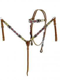 Showman Beaded Browband Bridle &amp; Breast Collar set, this medium oil set features teal, coral and white beads in a diamond design pattern