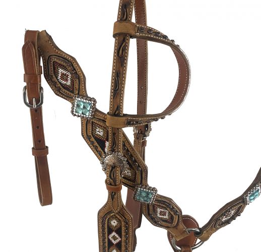 Showman Medium oil leather one ear headstall with beaded southwest design #2