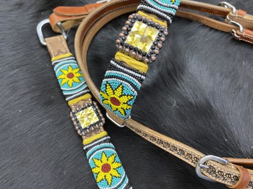 Showman Medium oil leather browband headstall with beaded sunflower design #2