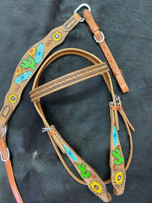 Showman Hand painted sunflower, southwest and cactus headstall and breast collar set #2