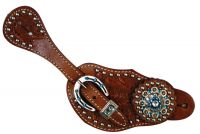 Showman Ladies spur strap with acorn tooling accented with blue crystal rhinestones