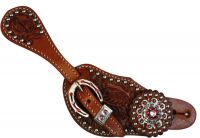 Showman Ladies spur strap with acorn tooling accented with pink crystal rhinestones