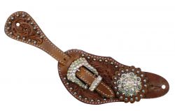 Showman Ladies Tooled Leather Spur Straps with Crystal Rhinestone Hardware and conchos