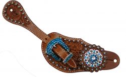 Showman Ladies Tooled Leather Spur Straps with Blue Rhinestone Hardware and conchos