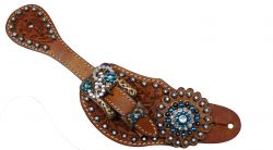 Showman Ladies Tooled Leather Spur Straps with Vintage Style Buckle and Blue Crystal Rhinestone Conchos