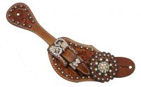 Showman Ladies Tooled Leather Spur Straps with Vintage Style Buckle and Crystal Rhinestone Conchos