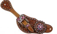 Showman Ladies Tooled Leather Spur Straps with Vintage Style Buckle and Pink Crystal Rhinestone Conchos