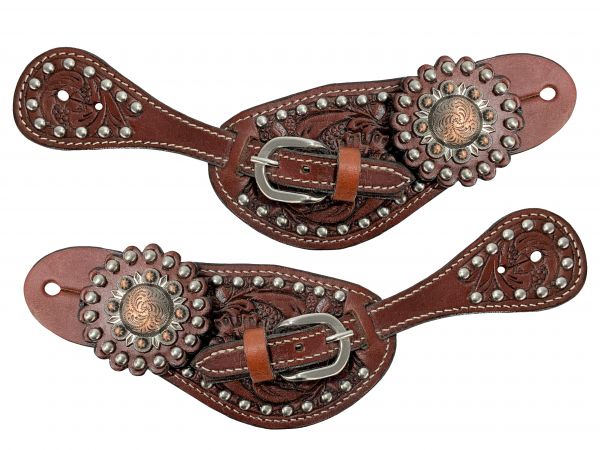 Showman Youth silver studded spur straps with vintage rosette concho