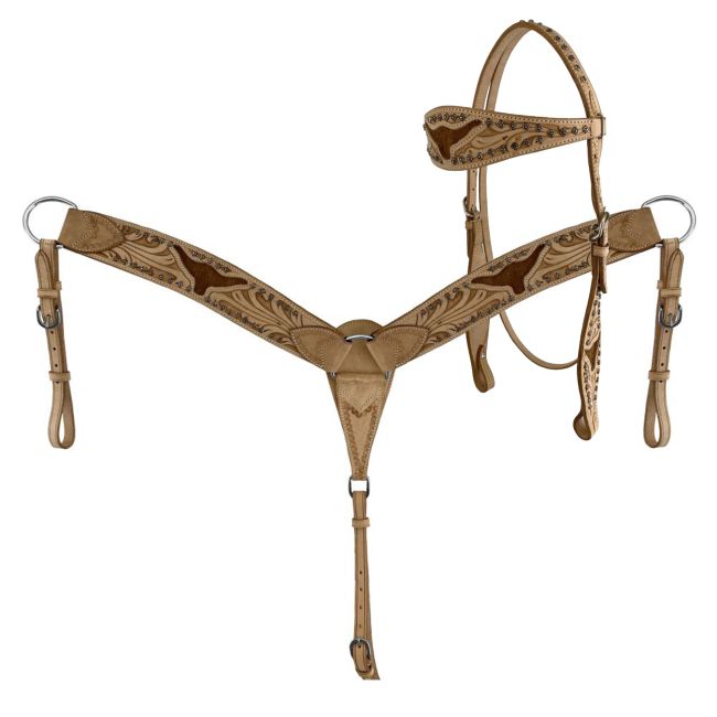 Showman Hair on Cowhide Steer Browband Headstall & Breastcollar Set #2