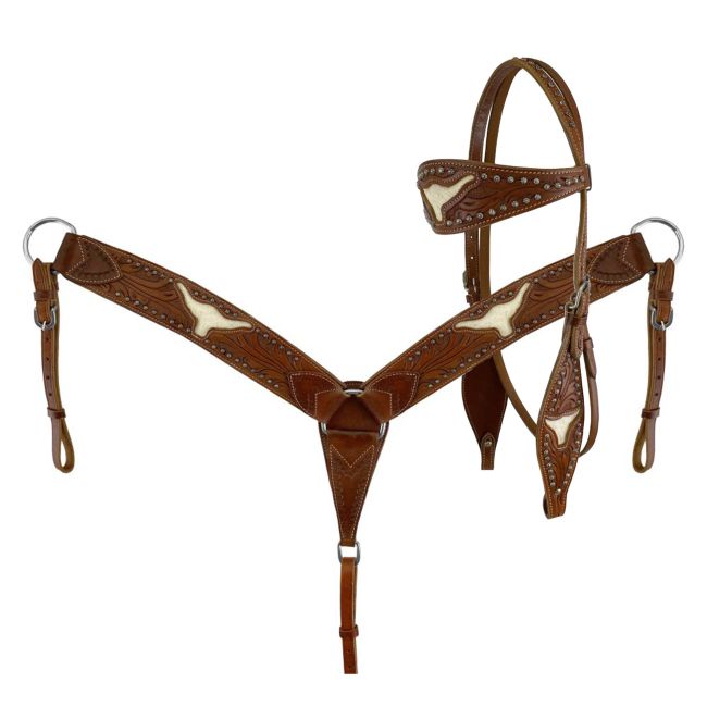 Showman Hair on Cowhide Steer Browband Headstall & Breastcollar Set #3