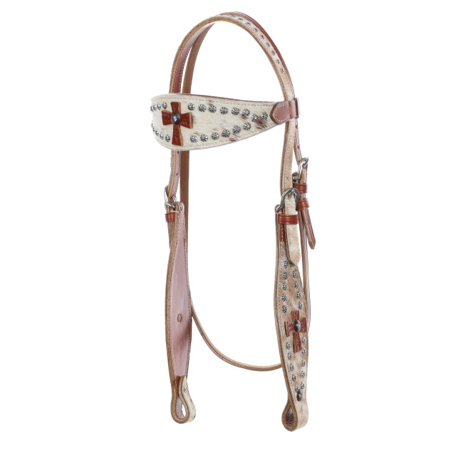 Showman double stitched leather wide browband headstall and breast collar set with hair on cowhide inlay #2