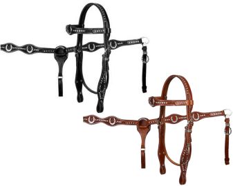 Showman double stitched fully tooled leather browband headstall and breast collar set with horse shoe conchos and rhinestones