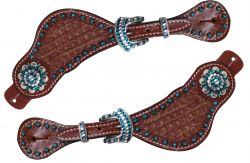 Showman Ladies size Basket weave tooled spur straps accented with teal crystal rhinestone conchos and studs