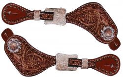 Showman Ladies size Basket weave/Floral tooled spur straps accented with teal crystal rhinestone conchos