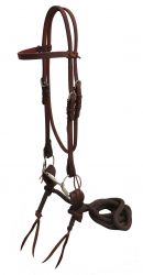Showman Headstall made of American oiled harness leather with O-ring snaffle bit and slobber strap nylon reins