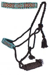 Showman Woven brown nylon mule tape halter with teal and gold beaded design