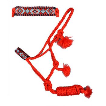 Showman Woven red nylon mule tape halter with beaded noseband