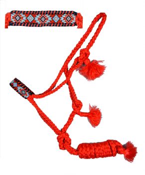 Showman Woven red nylon mule tape halter with beaded noseband