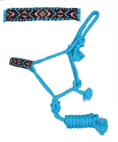 Showman Woven turquoise nylon mule tape halter with beaded noseband