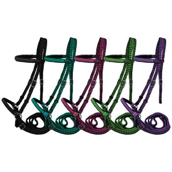 Mustang Nylon Bitless Horse Bridle – 1/2” X 9’ Flat Braided Reins – Equestrian, Colors Available