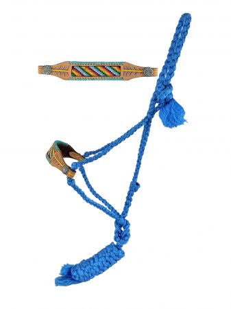 Showman Woven blue nylon mule tape halter with rainbow beaded noseband