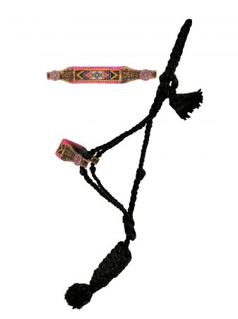 Showman Woven black nylon mule tape halter with pink beaded noseband