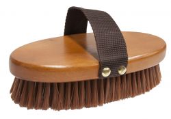 Medium bristle brush with smooth wooden oval base and nylon hand strap