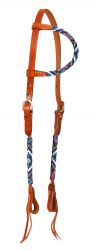 Showman Beaded one ear Argentine Cow Leather headstall - Blue and white beads