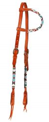 Showman Beaded one ear Argentine Cow Leather headstall - Red and white beads
