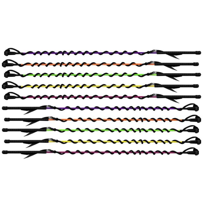 Training whip with nylon string and leather end. Featuring a 4' shaft and 5' lash with 10" molded handle