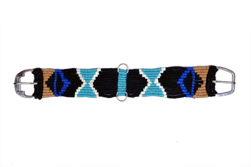 Showman Mohair straight string girth with Stainless Steel Roller Buckle with Aztec Design - Black, indigo, tan, and turquoise