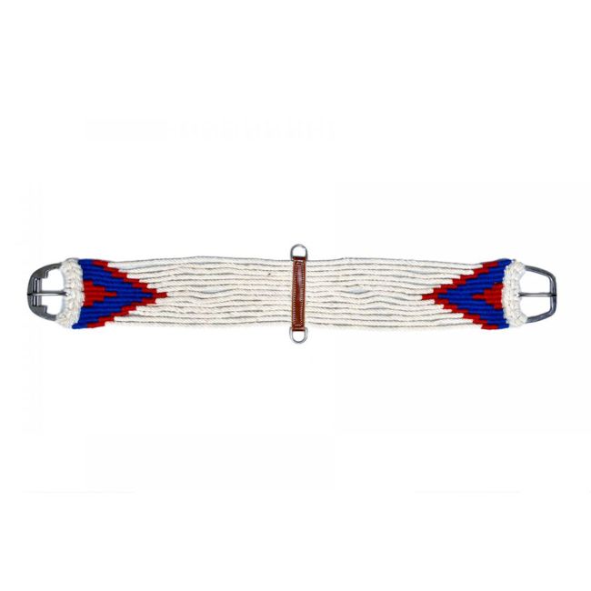 Showman Mohair straight string girth with Stainless Steel Roller Buckle with Aztec Design - white, red, and blue
