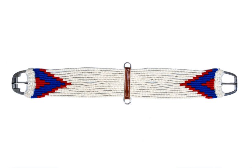 Showman Mohair straight string girth with Stainless Steel Roller Buckle with Aztec Design - white, red, and blue