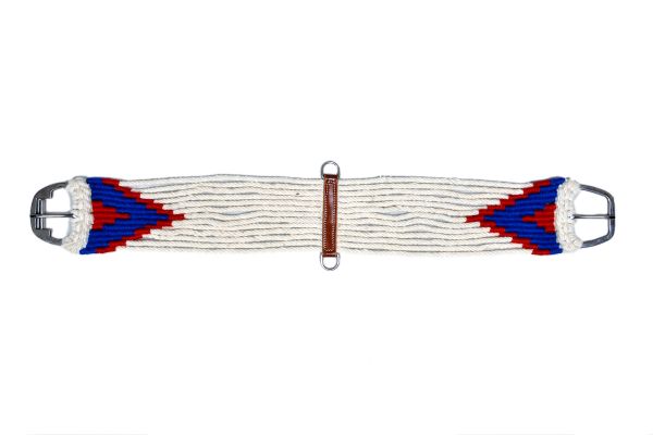 Showman Mohair straight string girth with Stainless Steel Roller Buckle with Aztec Design - white, red, and blue