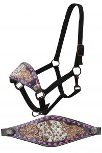 Showman FULL SIZE Black leather bronc halter with pink buck stitch and floral tooling