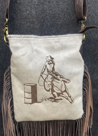 Klassy Cowgirl Leather Crossbody Bag with hair on cowhide with barrel racer brand #2