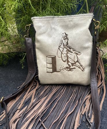 Klassy Cowgirl Leather Crossbody Bag with hair on cowhide with barrel racer brand #4